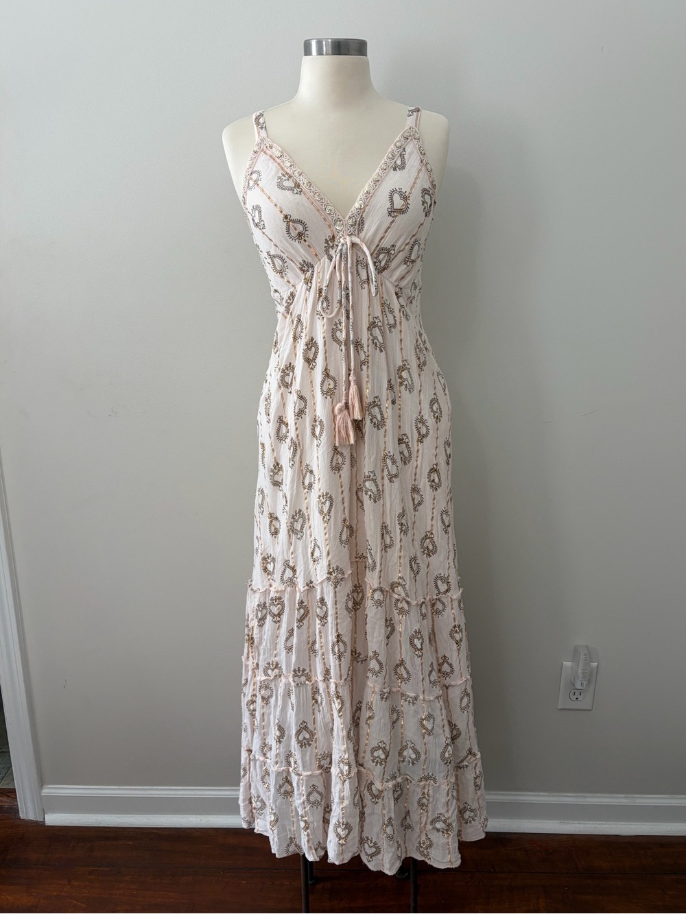 Ananta Blush Pink Embellished Boho Maxi Dress Tassel Tie OS Boho Chic Romantic